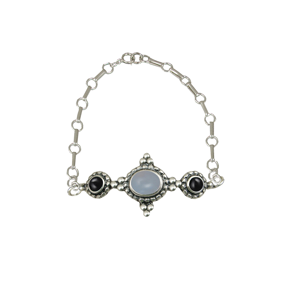 Sterling Silver Gemstone Adjustable Chain Bracelet With Chalcedony And Black Onyx